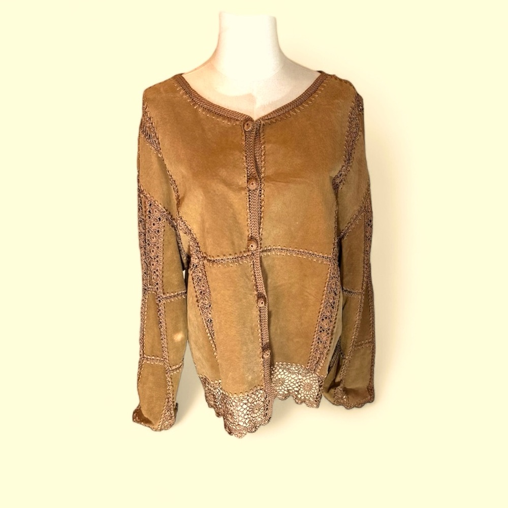 S.M.H vintage size 2X women’s leather$crochet jacket brown/ tan detailed sleeves